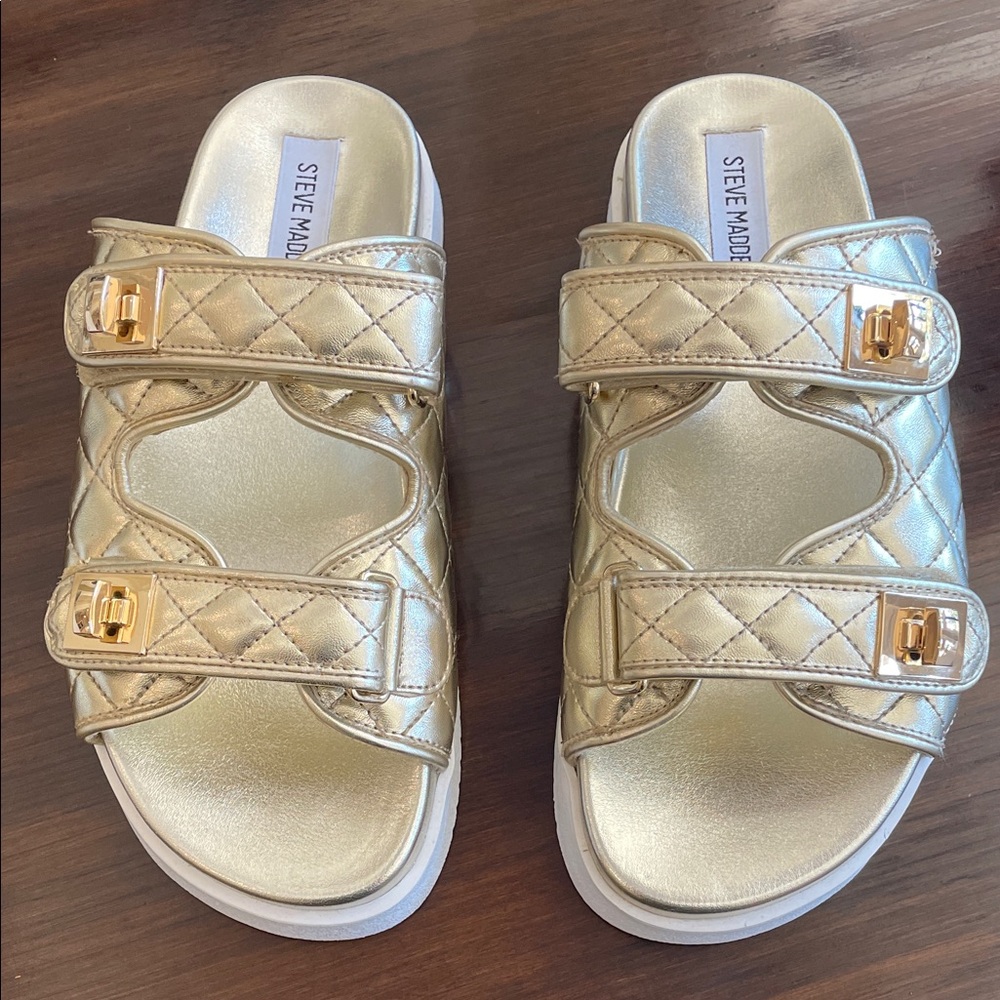 Steve Madden Schmona Gold Quilted Double Strap Sandals - Picture 1 of 6
